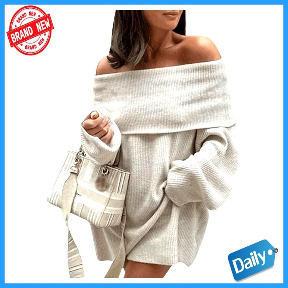 Off Shoulder Sweater Dress Long Sleeve Knit Mini Casual Loose Fit